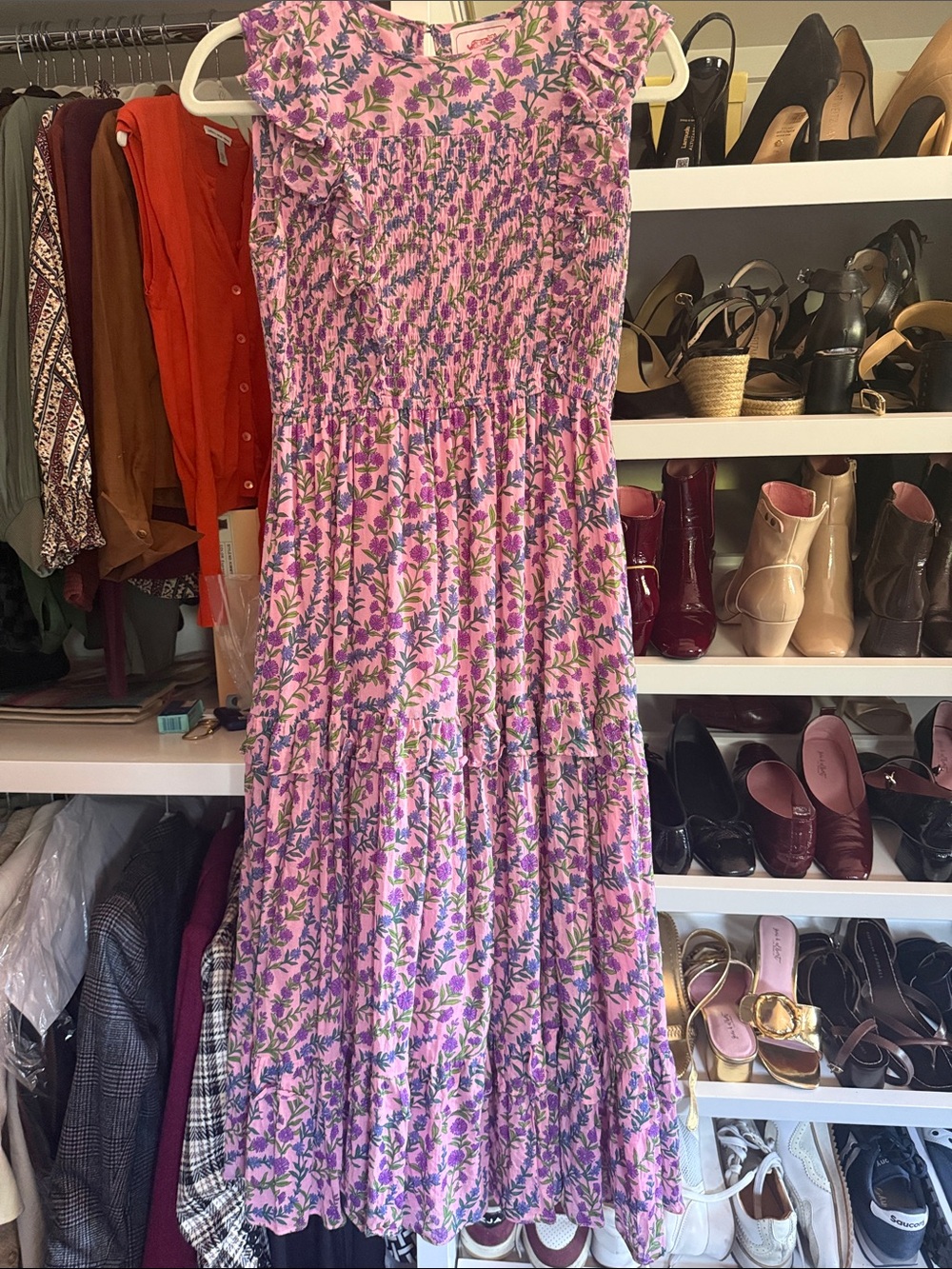 Banjanan Pink Floral Tiered Maxi Skirt with Purple and Green Print